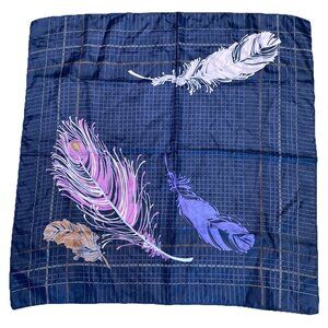 Vintage 70s Totes Rain Scarf Water Repellent Blue Feathers Colorful Groovy 26X26